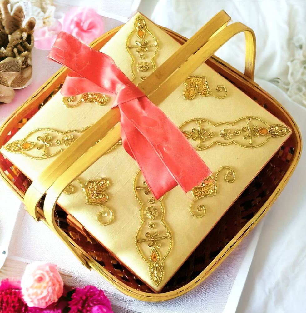 High angle view of a beautifully arranged gift hamper filled with Indian handmade products
