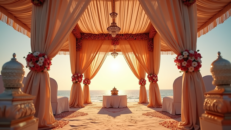 Close-up view of a traditional Indian wedding mandap decorated with flowers and drapes