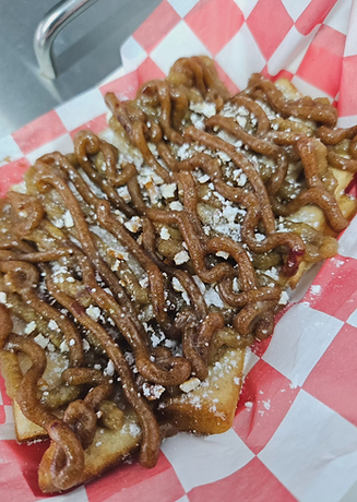Loaded Caramel Apple Pita Fries. Caramel Apple Hummus Drizzled On Cinnamon Sugar Pita Fries Topped With Walnuts, Pretzels