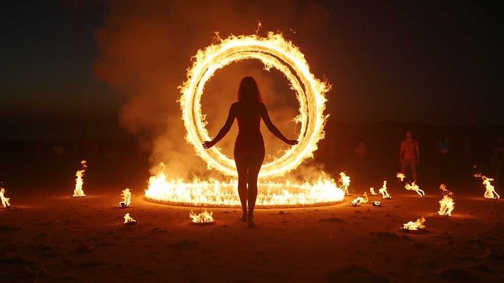 Eye-level view of a performer spinning flaming poi during a live fire show