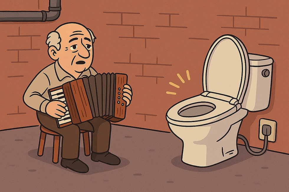 Elderly man plays accordion on a stool facing a toilet with sound lines. Brick wall background, light brown tones, humorous mood.
