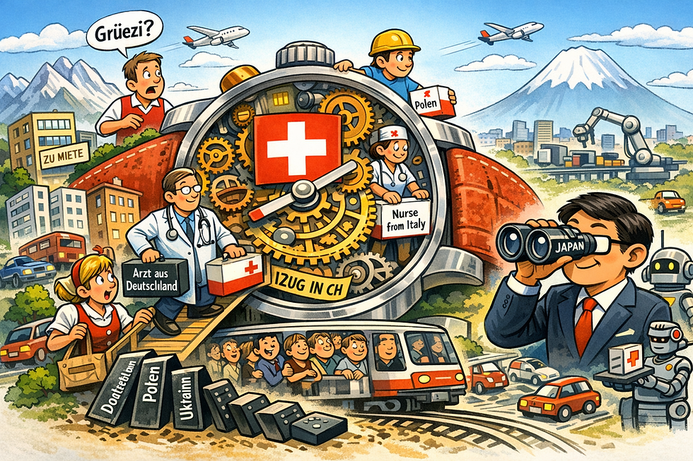 People and robots work with a large Swiss watch. A doctor holds a briefcase labeled "Arzt aus Deutschland." Binoculars show "JAPAN."