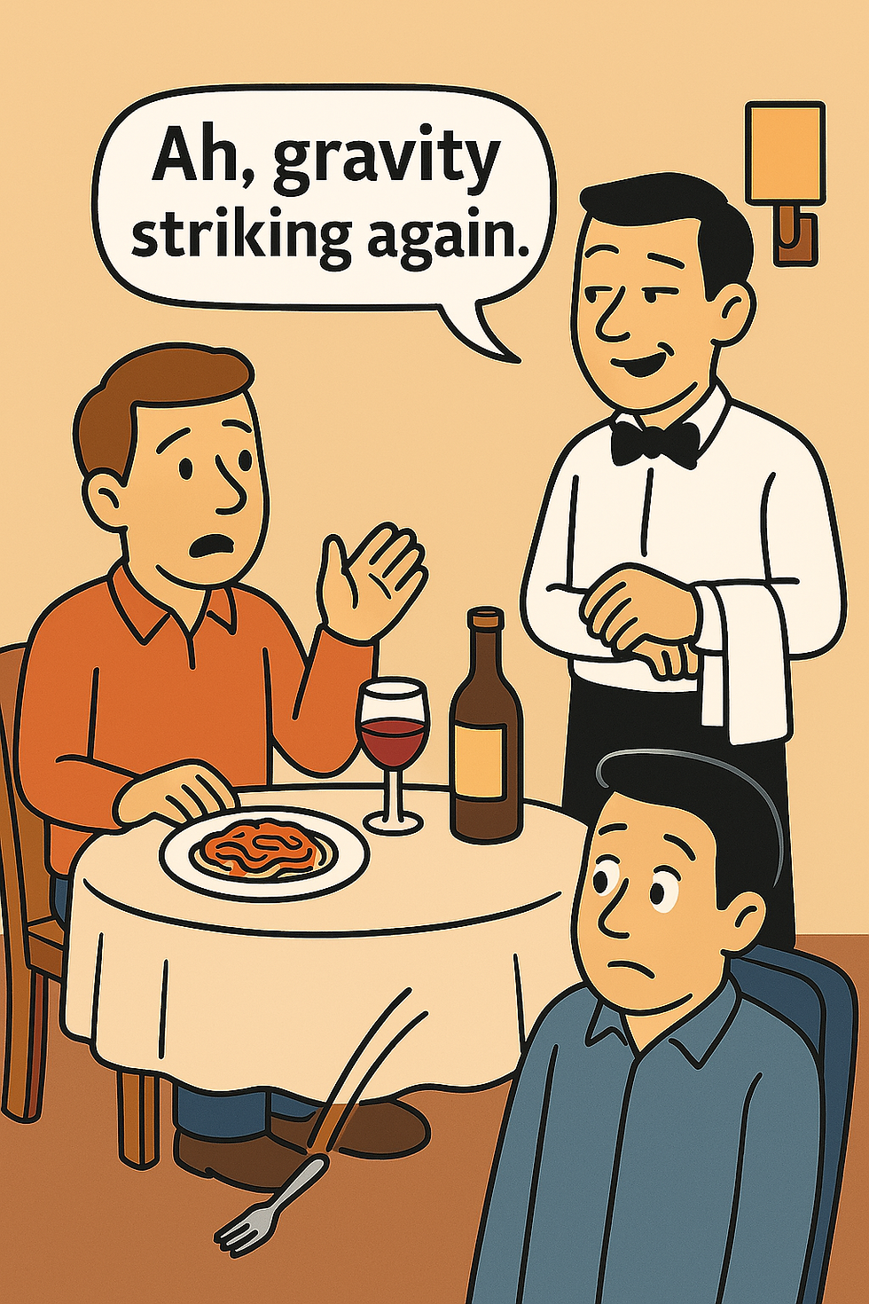 Man at table with spilled fork, pasta, wine, and a waiter. Speech bubble reads, "Ah, gravity striking again." Playful restaurant scene.
