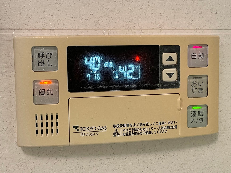 Japanese bathroom: The controls for the bathtub, with buttons to turn on the boiler, regulate the temperature and start filling up the bath and keep the water heated