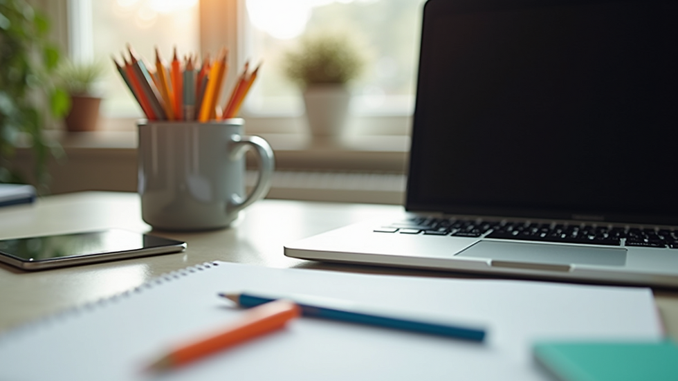 Eye-level view of a creative workspace with a laptop and colorful stationery