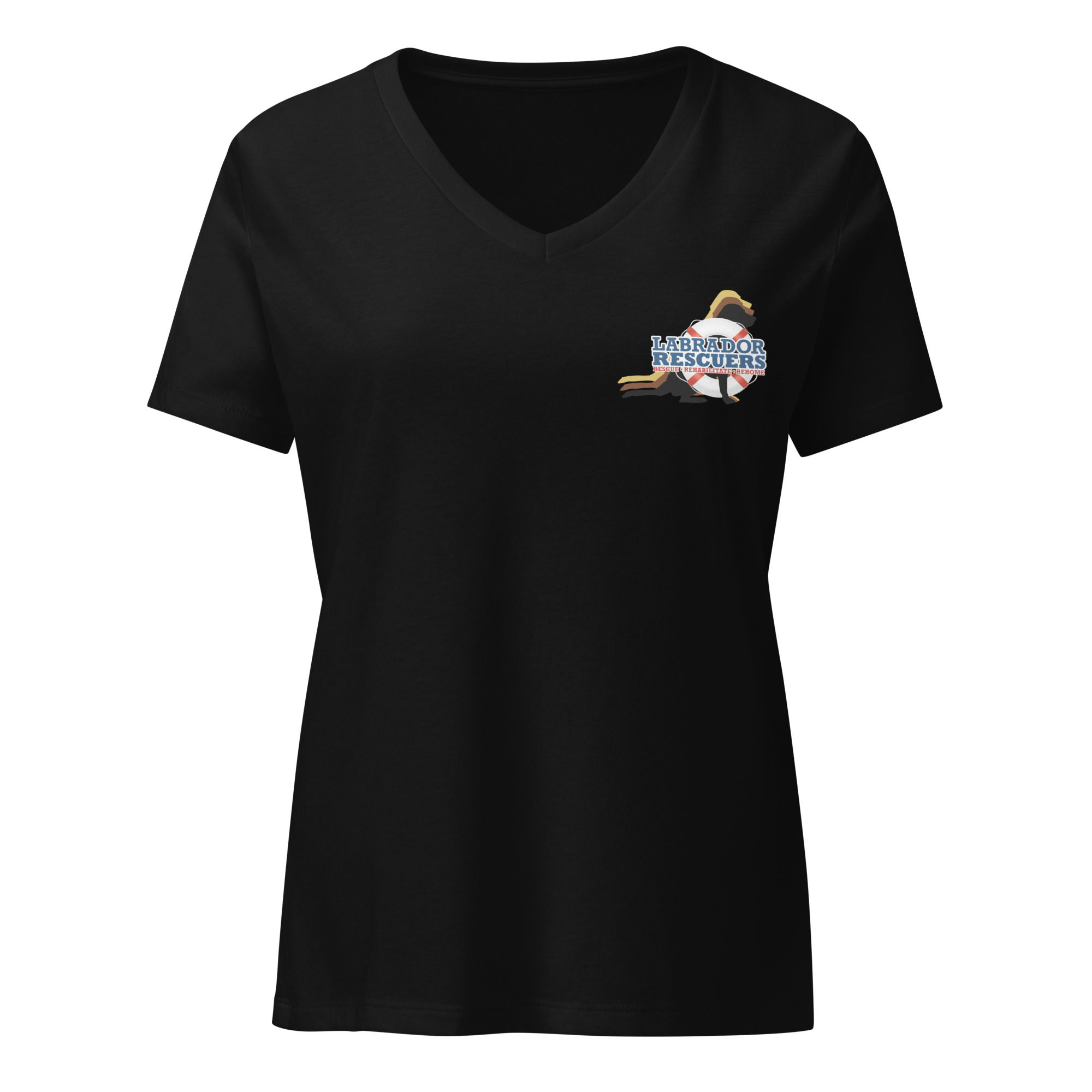 Women’s relaxed v-neck t-shirt with small LR on front upper left only
