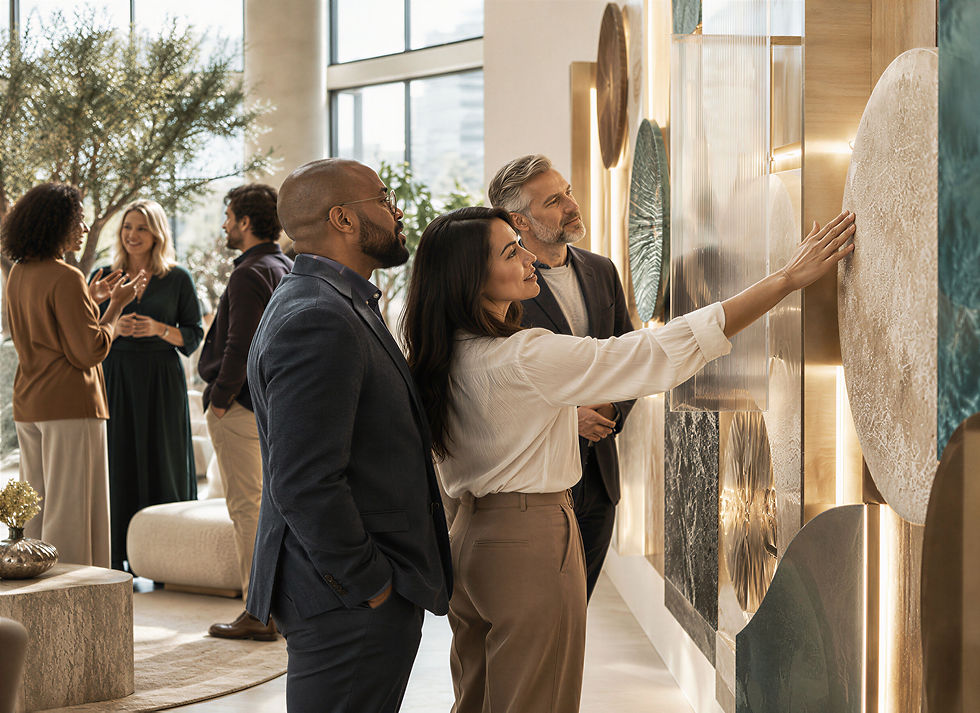 Business guests exploring an interactive gallery-style brand installation