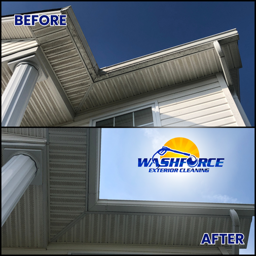 Before and after exterior soffit cleaning showing removal of black organic buildup from vinyl soffits in Moncton NB