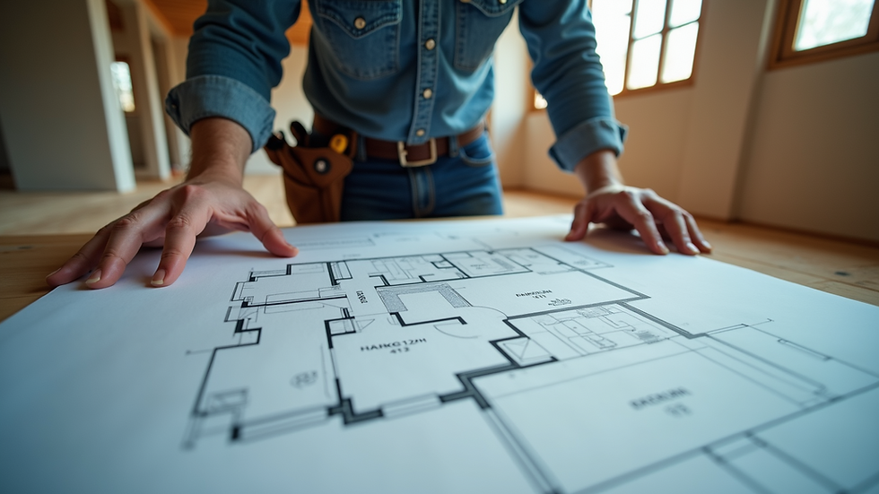 Eye-level view of a construction worker reviewing a detailed floor plan