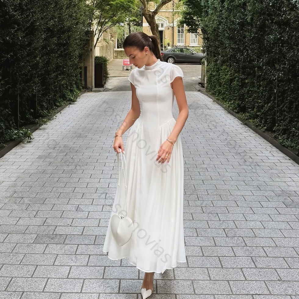 Thumbnail: White Formal Casual Midi Dress with High Neck, Cap Sleeves, Corset Waist and Flo