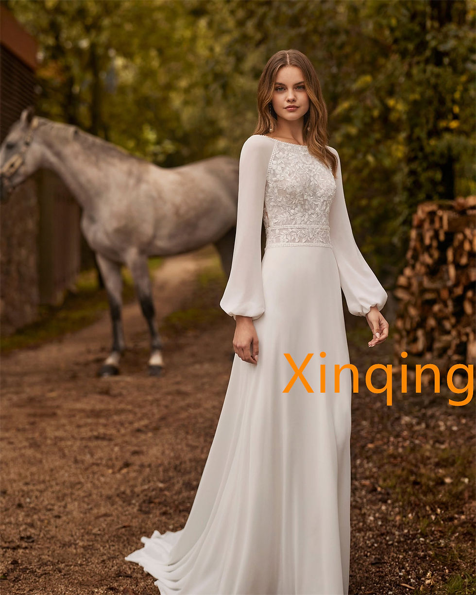 Thumbnail: Customized  Elegant White Chiffon Wedding Dress with O-Neck Long Sleeves Sexy Co