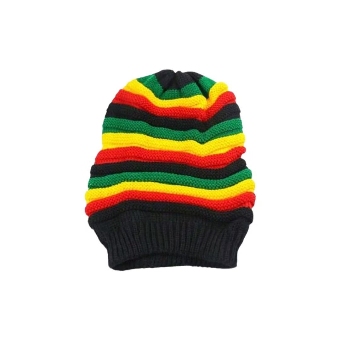 Rasta Jamaica Stripe Knit Beanie, Red Yellow Green Black Slouchy Winter Hat 24×