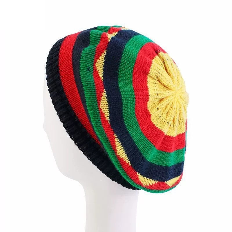 Thumbnail: Trendy Striped Rasta Knitted Hats Beret Slouchy Beanie Classic Color Block Skull