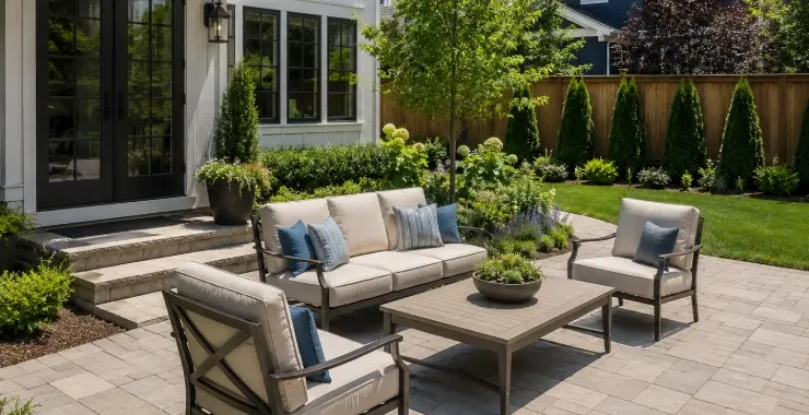 Sunny backyard patio with cushioned chairs and sofa around a coffee table, beside a modern house and lush garden.