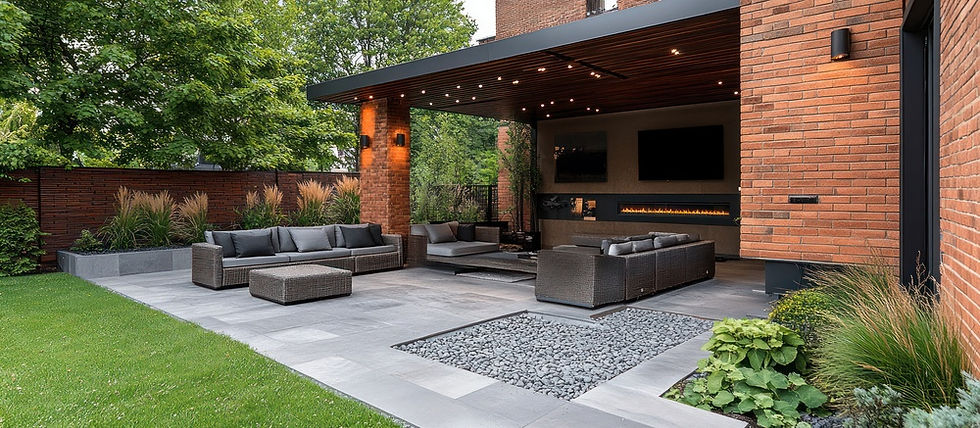 Modern brick patio with wicker sofas, fireplace and TV under a covered roof, beside a lush green lawn and landscaped garden.
