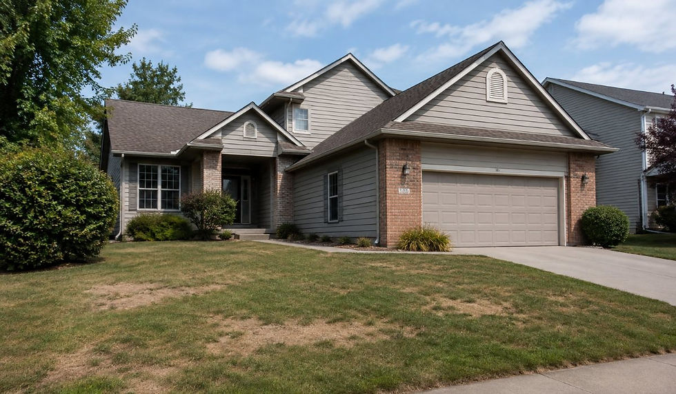 Sub urban house with a patchy lawn.