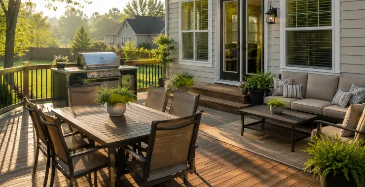 Backyard deck in the morning with a calm, inviting atmosphere.