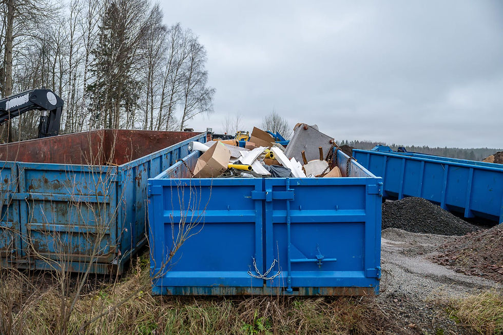 Blue dump containers filled with debris at a work site, with an excavator arm and cloudy forest background.