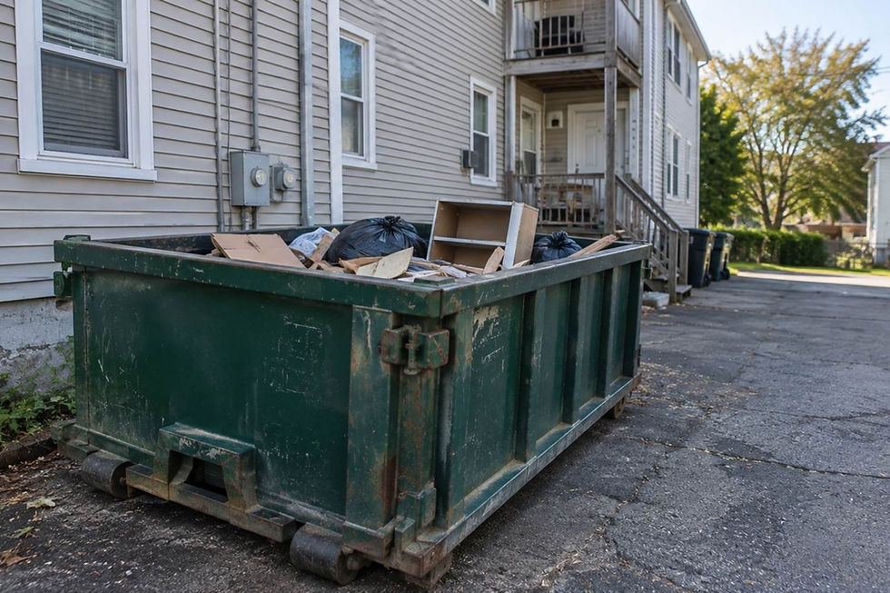 Large green dumpster filled with trash bags and cardboard beside an apartment building in a quiet alley