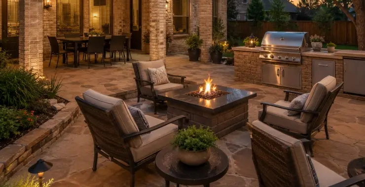 spacious patio paved with light stone
