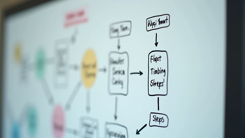 Close-up view of a flowchart diagram on a whiteboard illustrating business process steps