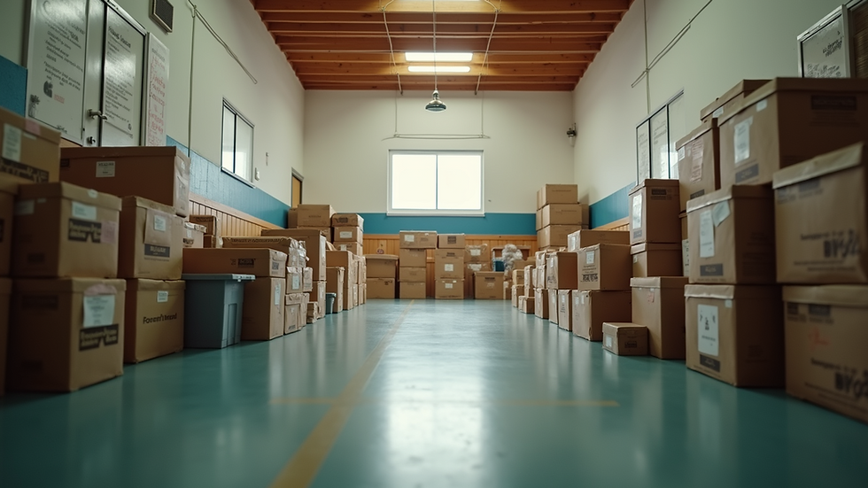 Eye-level view of a community center with emergency supplies