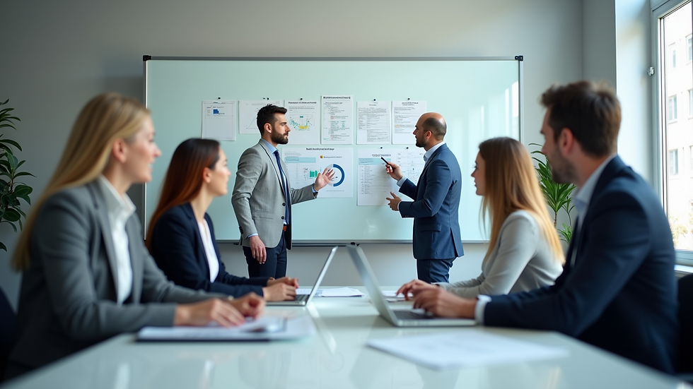 Eye-level view of a business team analyzing workflow charts on a whiteboard
