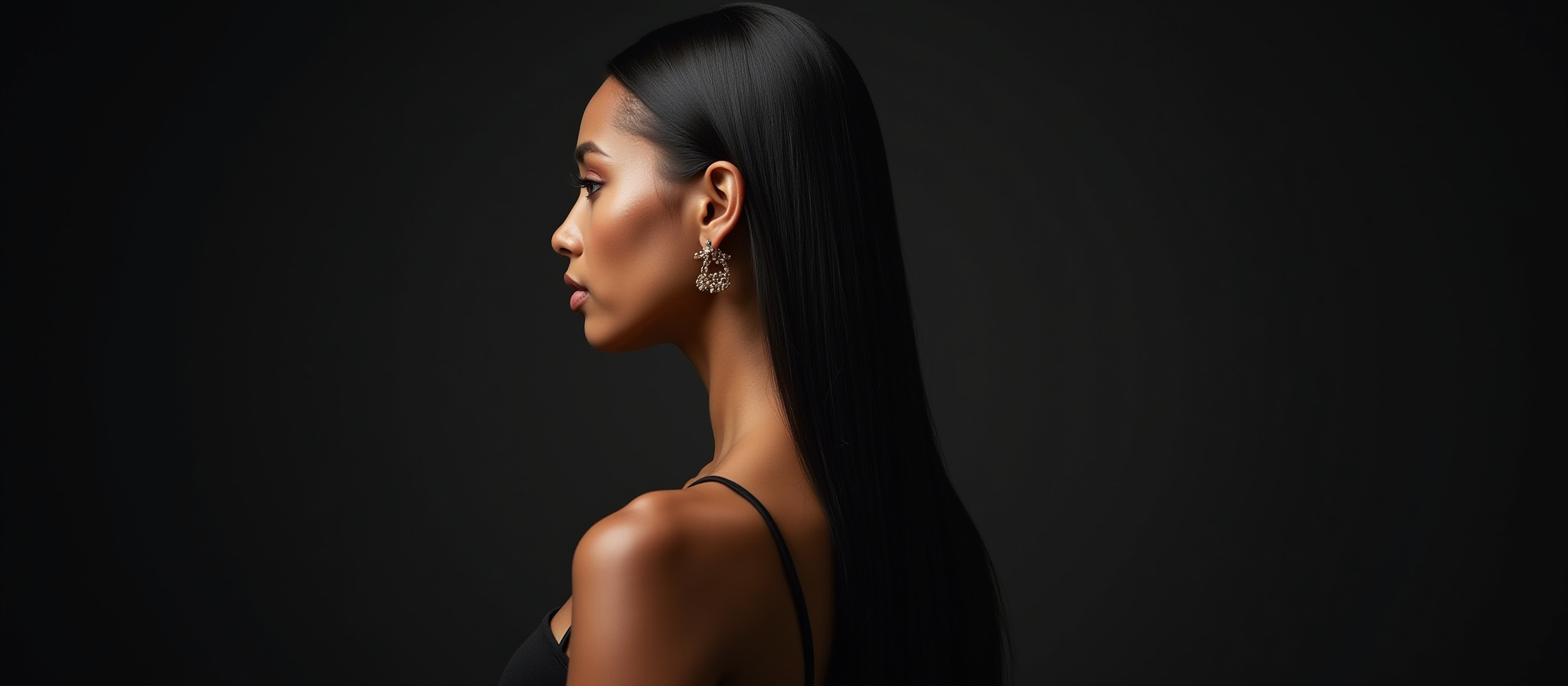 Woman in profile with long, straight black hair