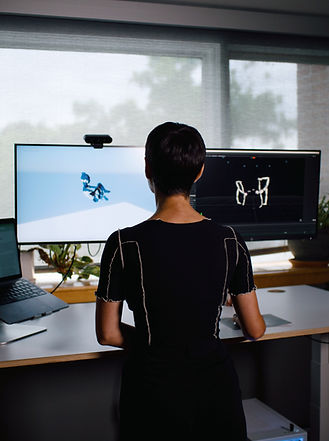 Lisa Jamhoury facing her two computer monitors working on graphical work