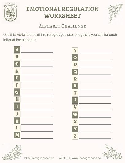 This worksheet is what the zip file in this block contains. The worksheet is titled, "Emotional Regulation Worksheet - Alphabet Challenge." It then says, "Use this worksheet to fill in strategies you use to regulate yourself for each letter of the alphabet!" Then it lists the alphabets from A to Z.