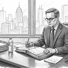 Executive reviewing documents in high-rise office