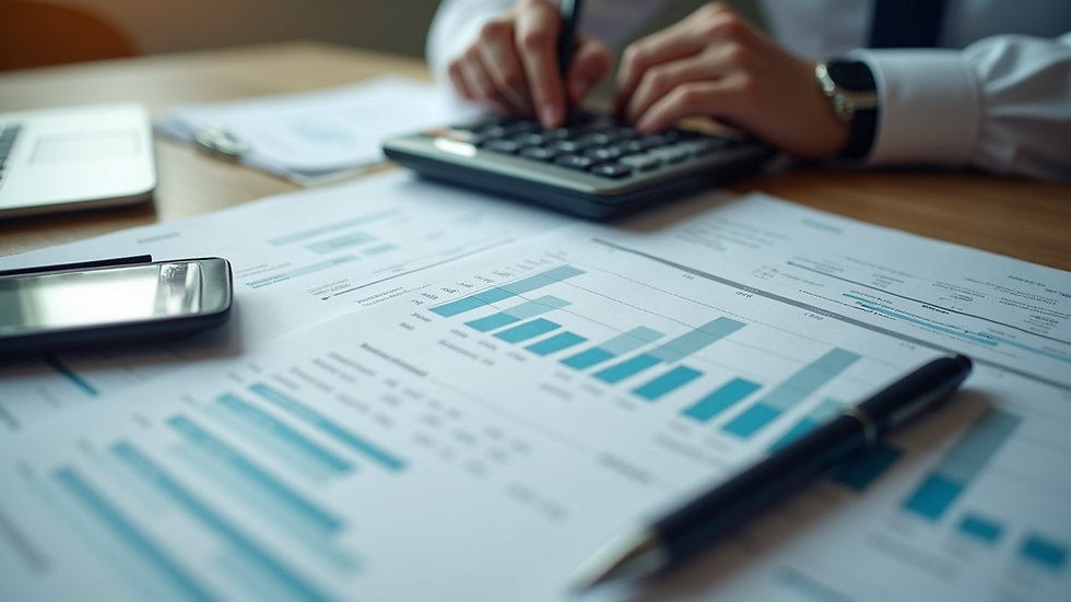 High angle view of a desk with financial documents and a calculator