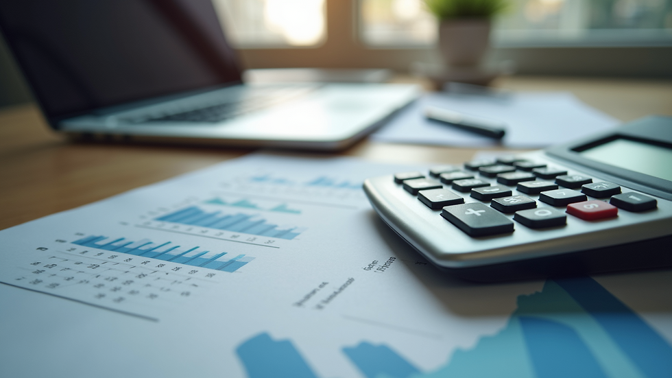 High angle view of a calculator and financial documents on a desk