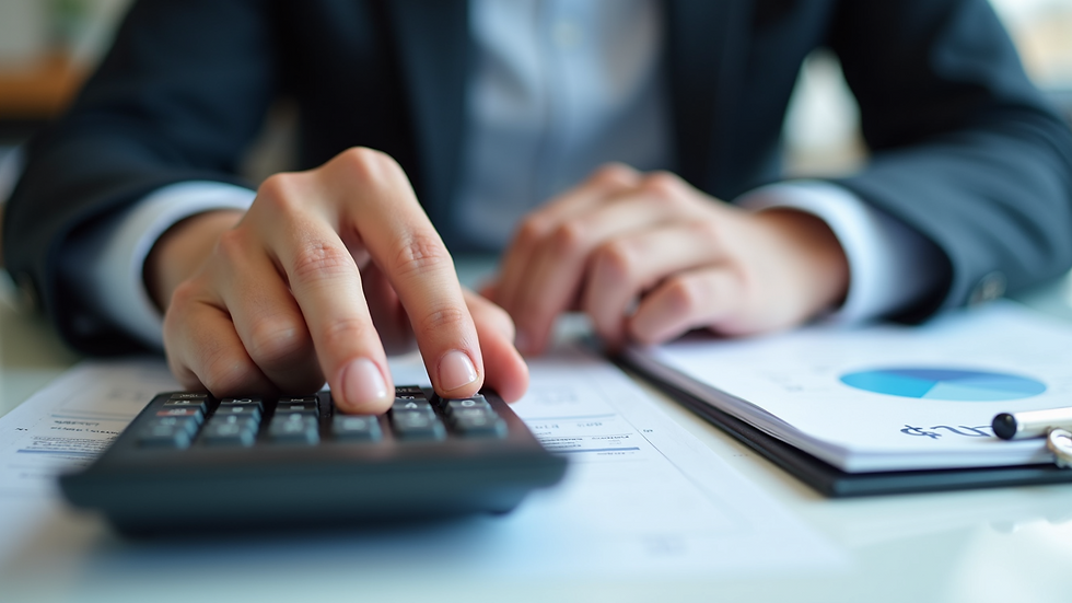 Eye-level view of a person reviewing financial documents with a calculator