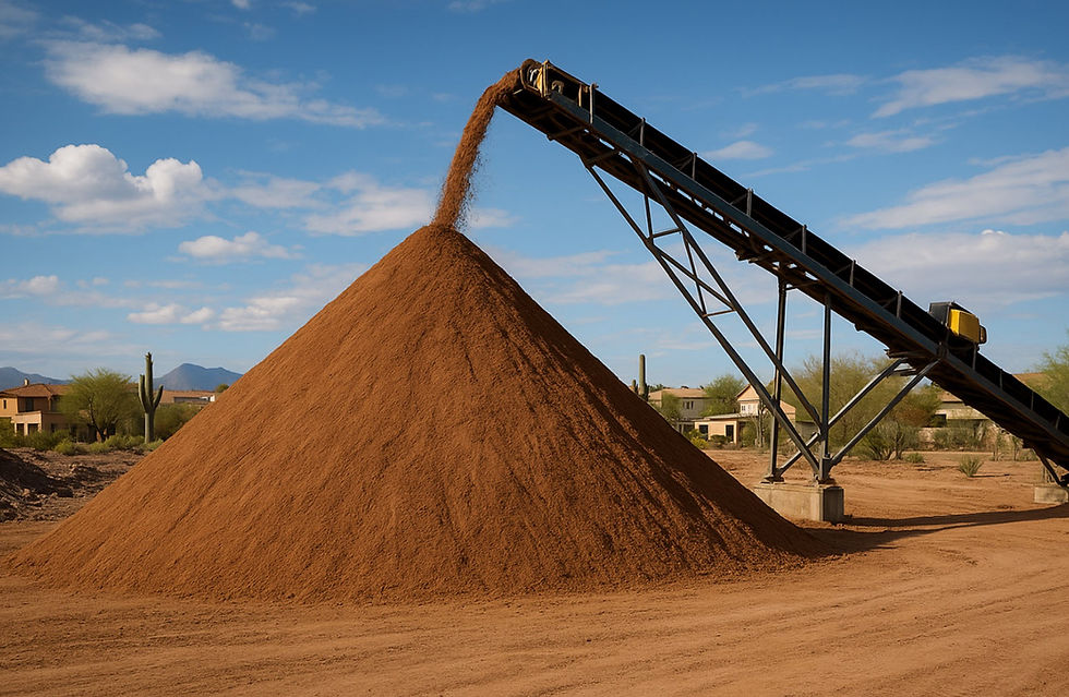 Conveyor belt pouring decomposed granite into a large stockpile at an Arizona quarry.