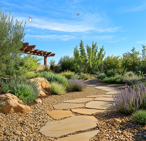 New River Arizona backyard landscape with rock path, accent boulders, and native plants.