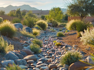 Cave Creek AZ front yard with river rock dry creek bed, gravel, and desert plants.
