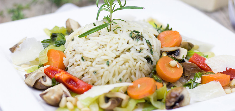 rice with roasted vegetables on a plate