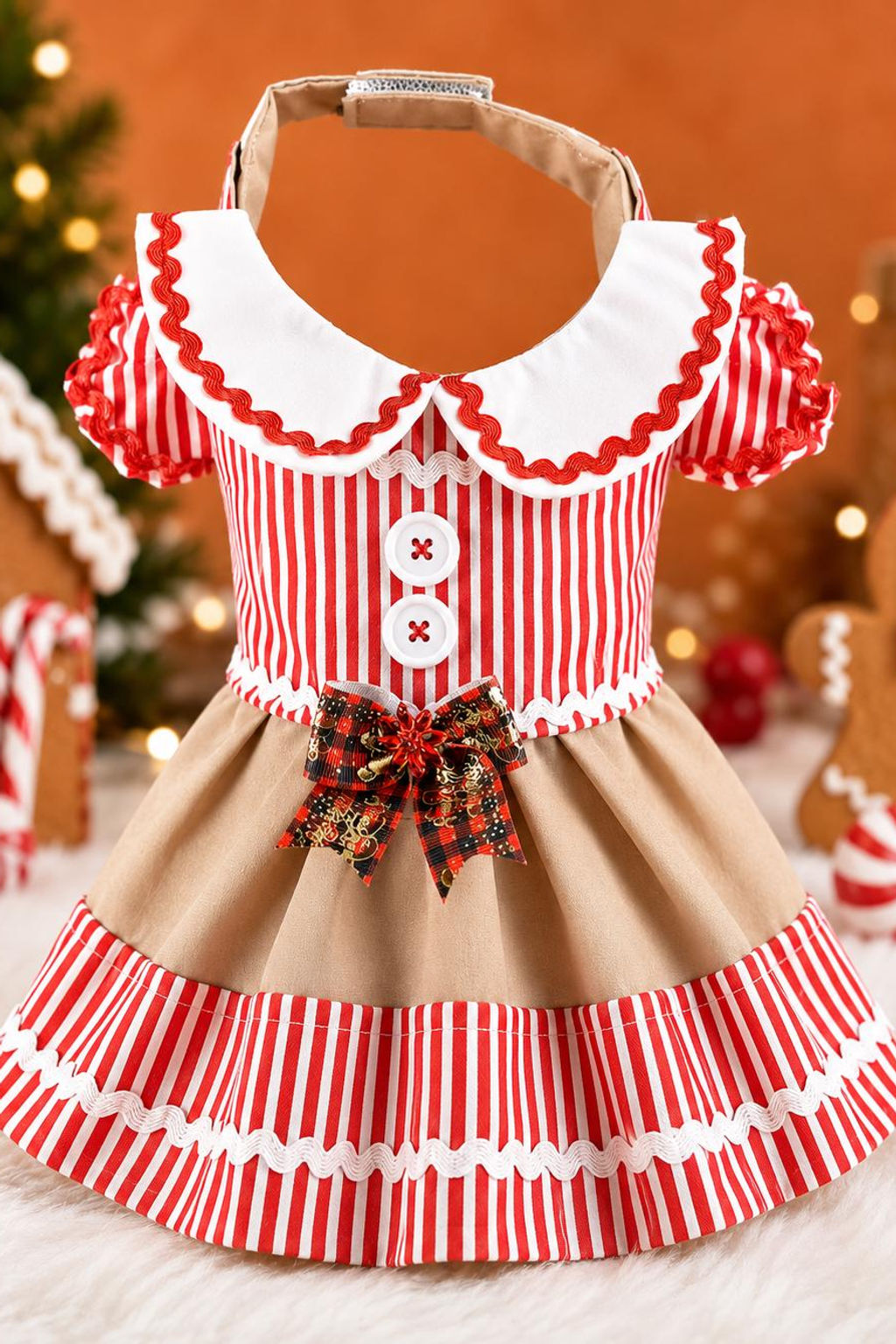 Gingerbread Dog Dress, Christmas Dog Costume with Peppermint Stripe Skirt
