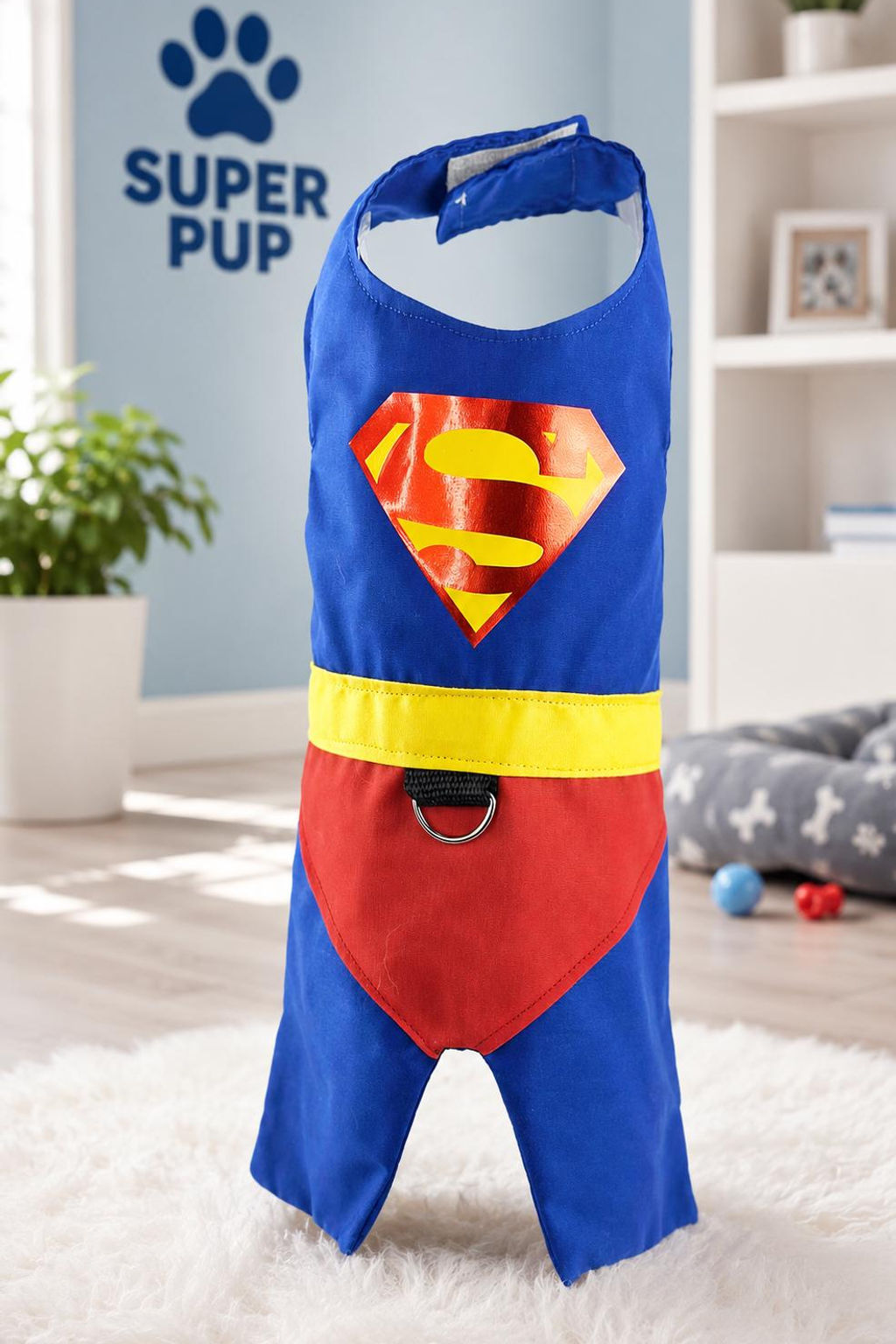 Superhero Dog Costume Harness, Blue Red Yellow Hero Pet Outfit