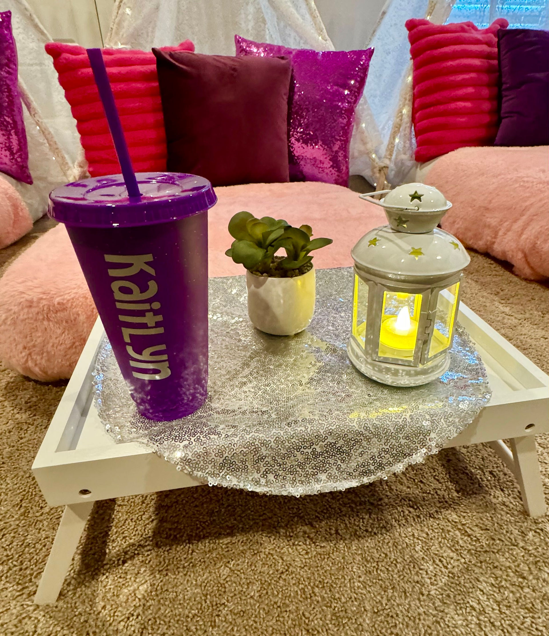 Birthday Sleepover in a tent with white lanterns and purple theme