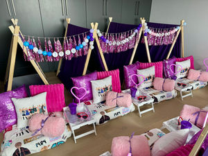 Swiftie Par-Tay sleepover tents with pink and purple décor in Austin