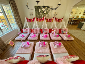 Be My Valentine sleepover tents decorated in pink red and heart-themed details