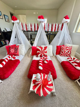Festive Candy Cane Lane sleepover party setup for kids