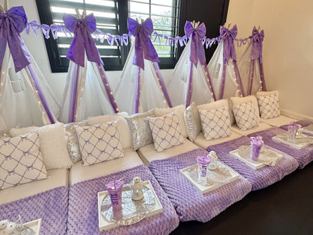 Boutique Lavender Luxe sleepover party rental setup in Austin, Texas.