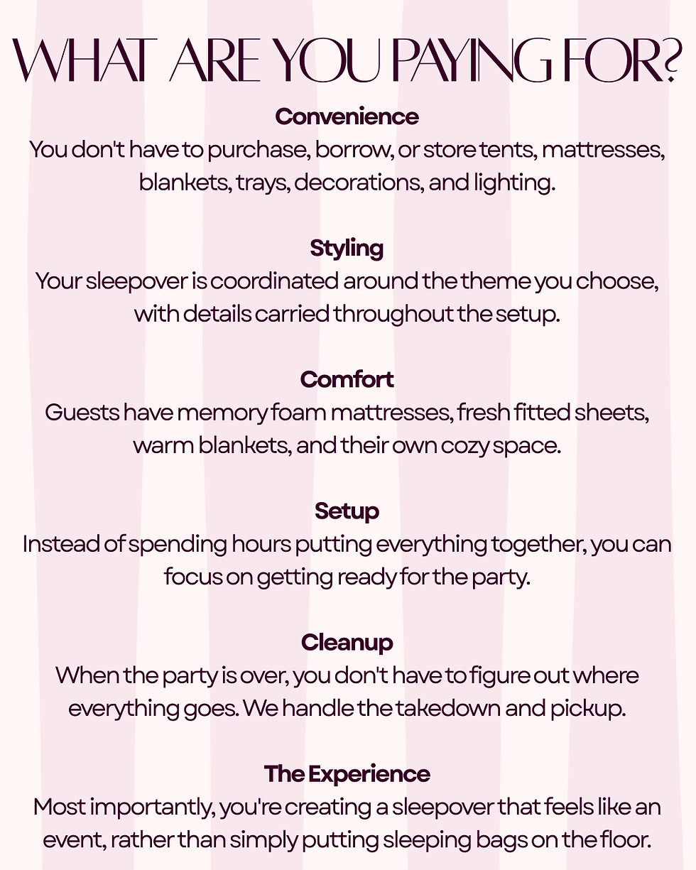 Information about what you pay for with sleepover tents.