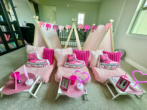 Life Is Better Pink sleepover setup with hot pink heart lights