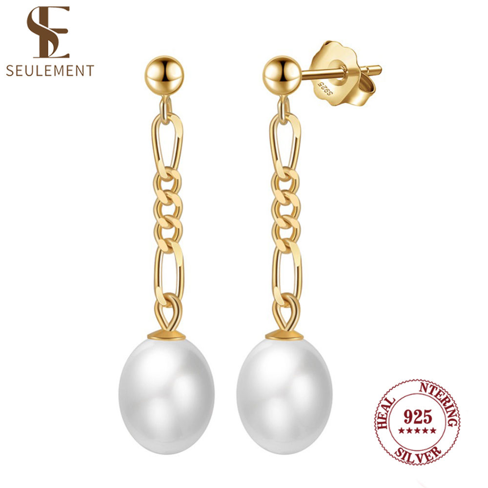 Seulement Elliptical Freshwater Pearl Earrings — Genuine 925 Sterling Silver