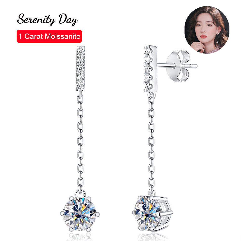 Serenity Six-Claw D-Color Moissanite Tassel Earrings — 5mm & 6.5mm Sizes, Sterli