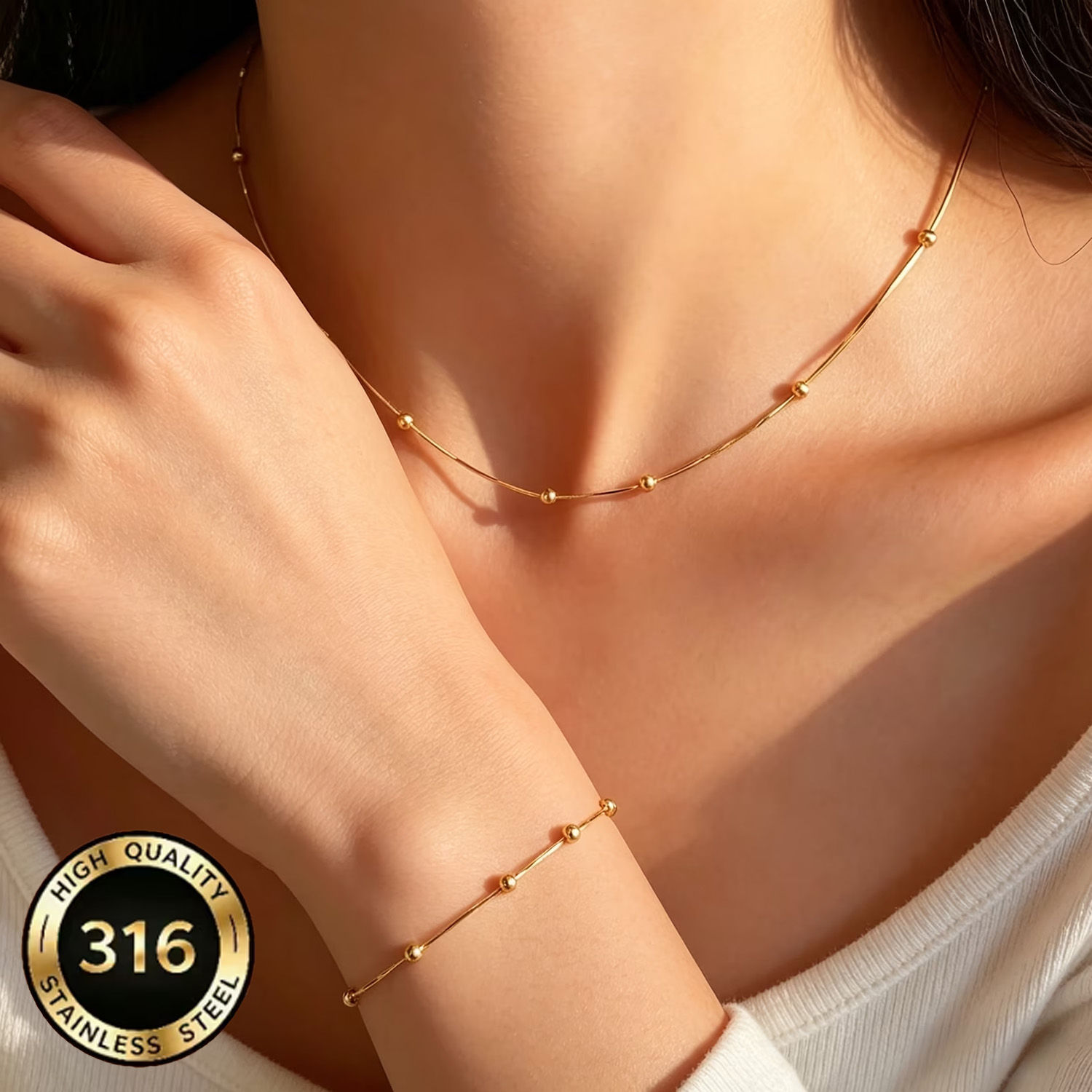 Women's 18K Gold-Plated Stainless Steel Beaded Jewelry Set Delicate Necklace and